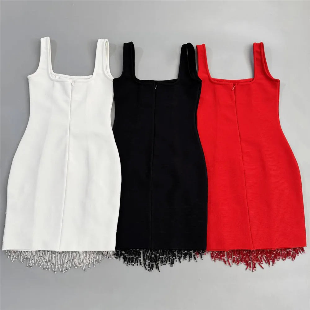 New sexy sleeveless diamond studded mid length dress, beaded tassel bandage dress, dance party dinner dress, short mini skirt