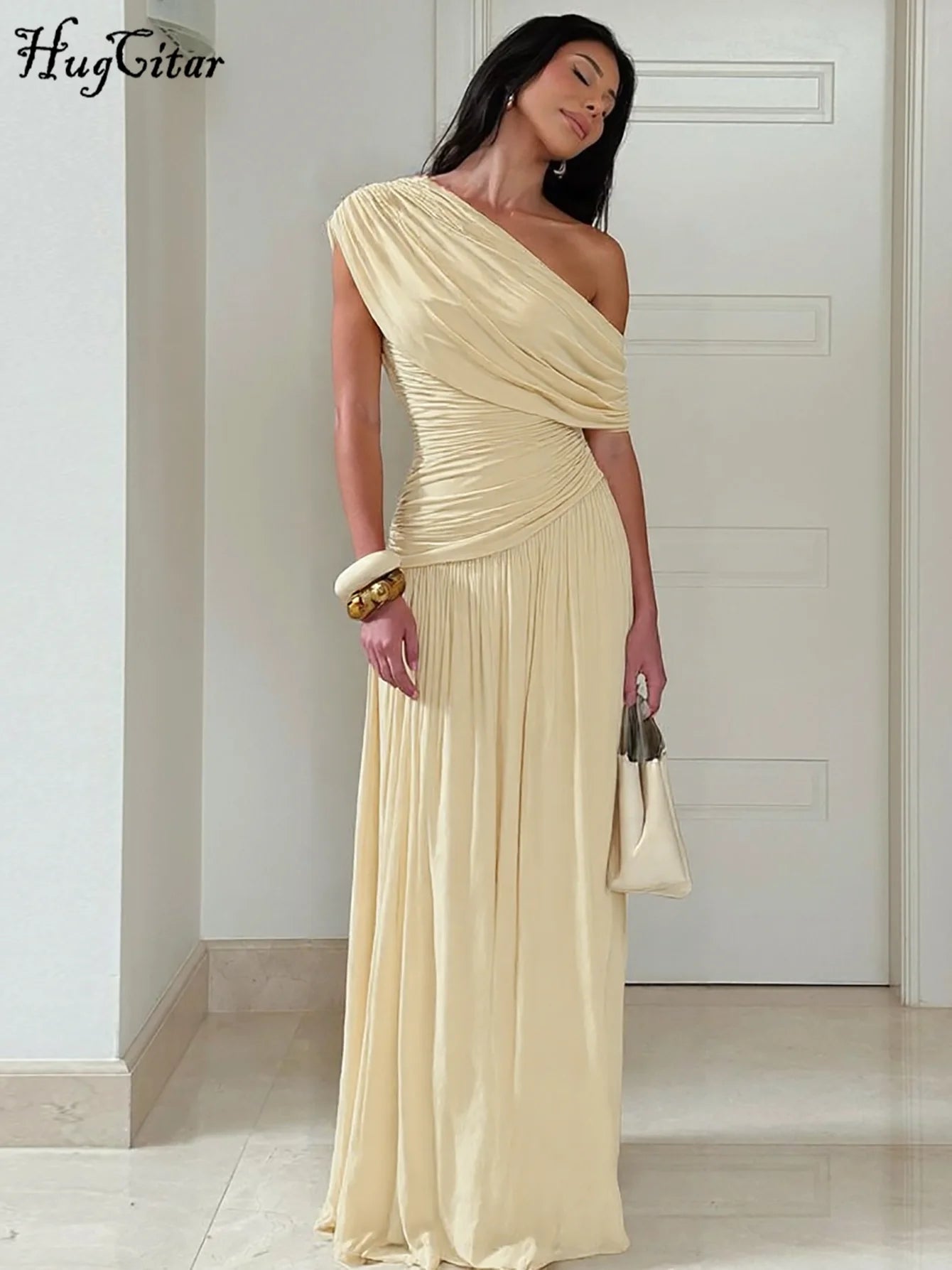 Hugcitar One Shoulder Ruched Sleeveless Solid Pleated Sexy Irregular Y2K Maxi Dress Summer Elegant Party Women Clothes Vacation - Shellss