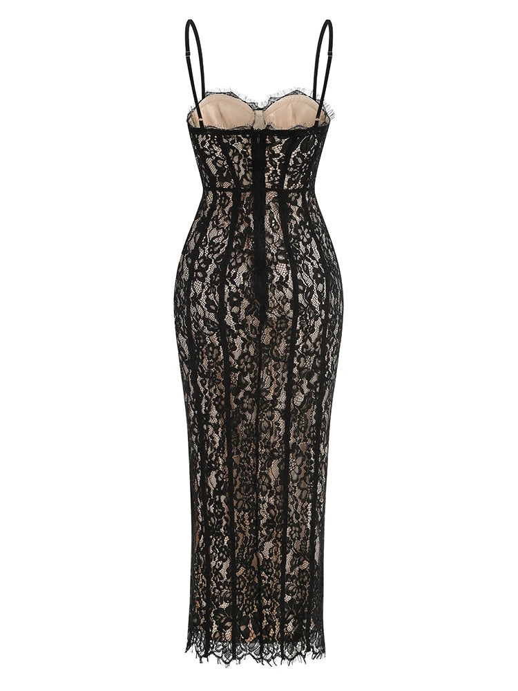 Sexy Spaghetti Strap V Neck Lace Long Dress Women Black Floral Lace Sleeveless Bodycon Dresses Elegant Evening Celebrity Party - Shellss
