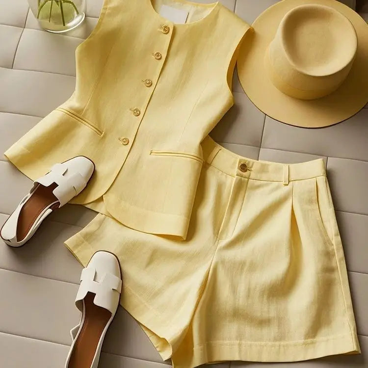 Yellow Vest High Waist Shorts Set - Shellss