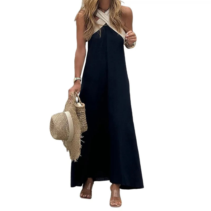 Sexy Halter Hollow Out Holiday Dress Summer Contrasting Color Loose Women's Dress Casual Elegant Party Beach Long Dress Vestidos