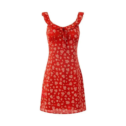 French Vintage Red Floral Print Dress