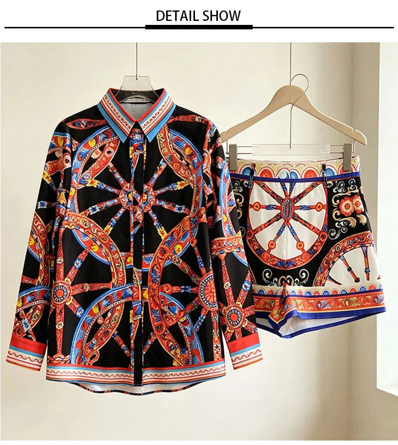Retro lapel single-breasted long-sleeved shirt spring and summer new women's two-piece pants+high waist shorts fashion suit - Shellss