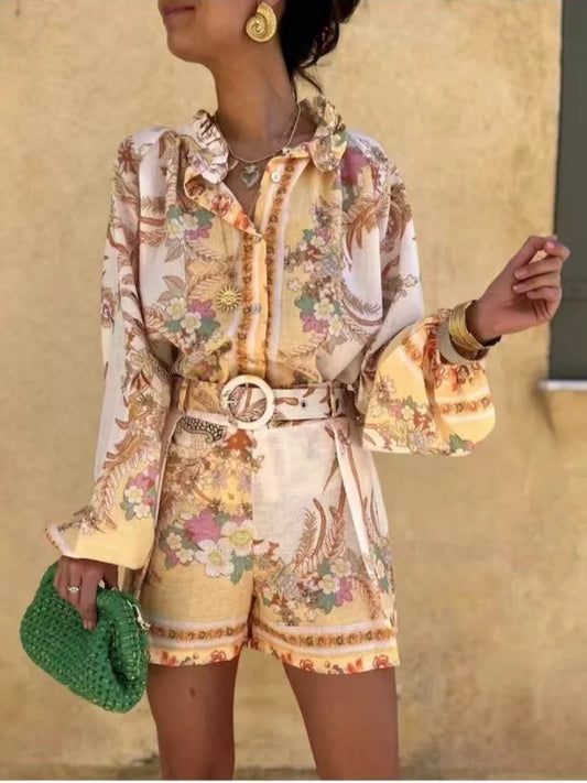 Vintage Printed Lantern Sleeve Shorts Set