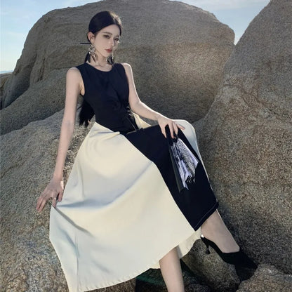 French Contrasting Color Patchwork Dress