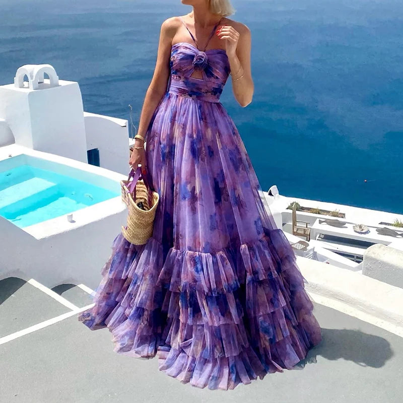 Long chiffon ruffle dress