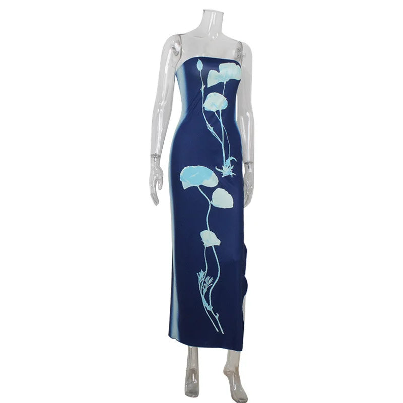 Fashion Elegant Sleeveless Print Long Dress Women's Sexy Backless Strapless Bodycon Maxi Dresses Summer Beach Holiday Long Robe