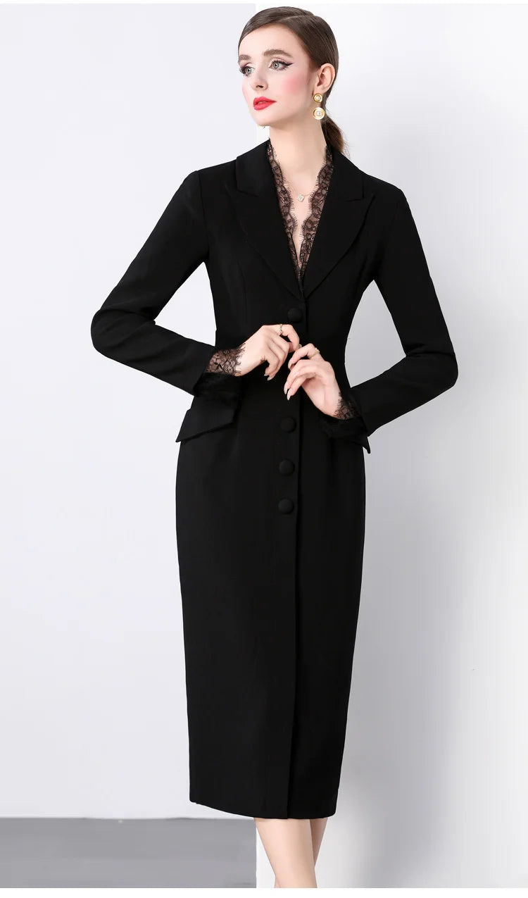 Blazer Dress Women Notched V-Neck Single-Breasted Long