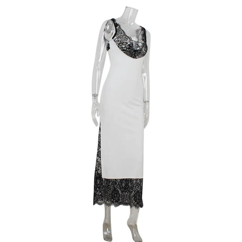 2026 Summer Fashion New Women's Elegant Lace Edge Strap Skirt Satin Splicing Sexy Temperament Bag Hip Split Dress