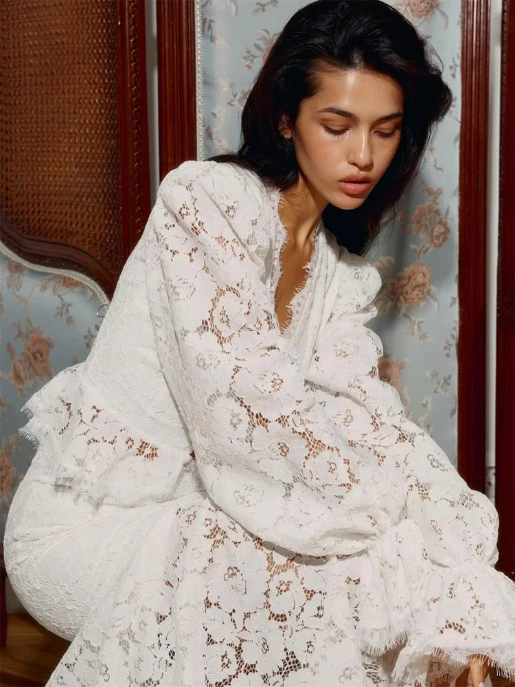 White Lace Patchwork Long Skirt Set