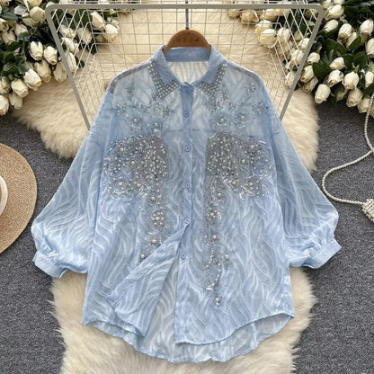 Basics Long Lantern Sleeves Polo-neck Embroidered Beads Sequin Single Breasted Loose Top French High Street Autumn Women Shirts