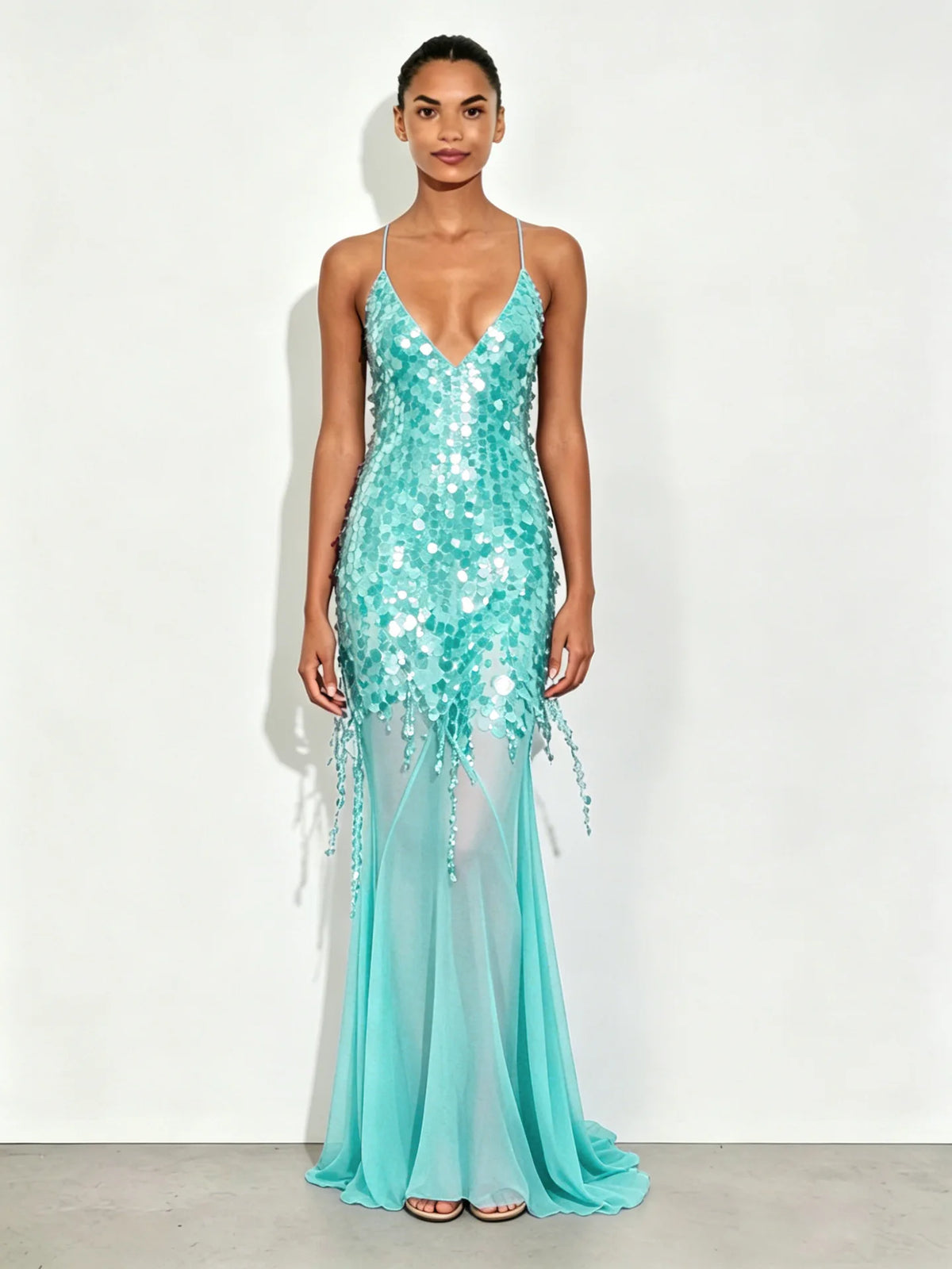 New Summer Sequins Patchwork Mesh Slim Long Dress Women Casual Vacation Dress Sexy Suspender V Neck Backless Evening Dress