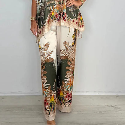 Vintage Pattern Print Satin Batwing Pant Sets