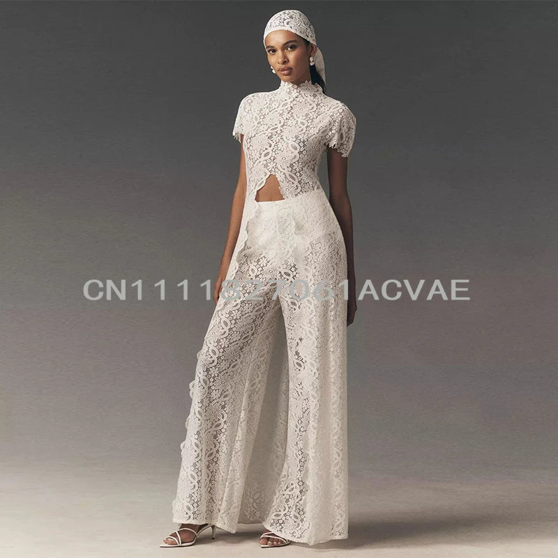 Casual Lace Long Coats Pant Set Women Solid See Through Tops Long Straight Pants Sets Female 2026 Spring Summer Lady Suits