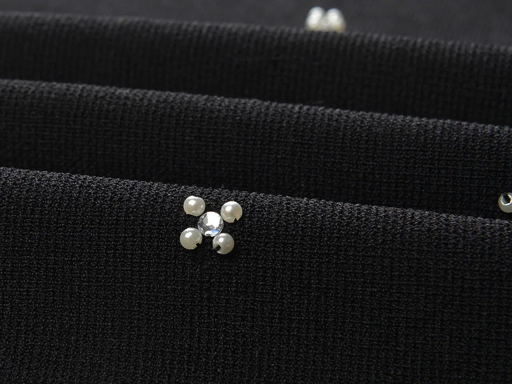 Sandro Summer New French Style Heavy Beaded Slim Fit Black Round Neck Sleeveless Top + Skirt