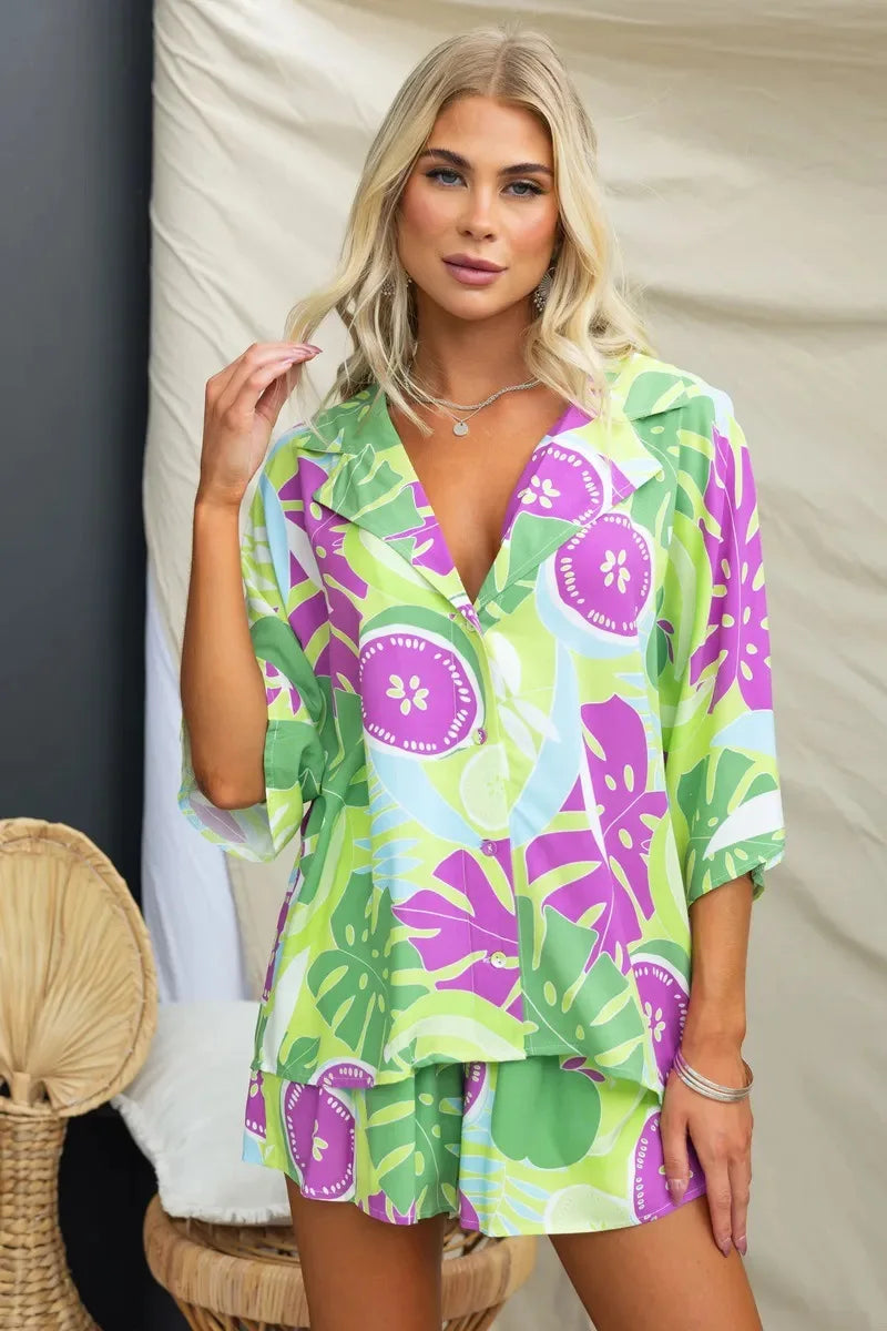 Retro Print Short Sleeve 2PCS Loose Suits