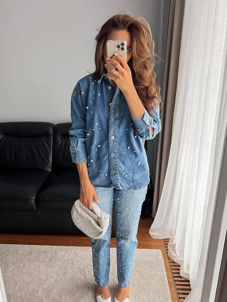 HH Herbst Damen Denim Freizeithemd Mode Kunstperlen Lose Blusen Button Down Langarm Jeansjacke Vielseitiges Oberteil