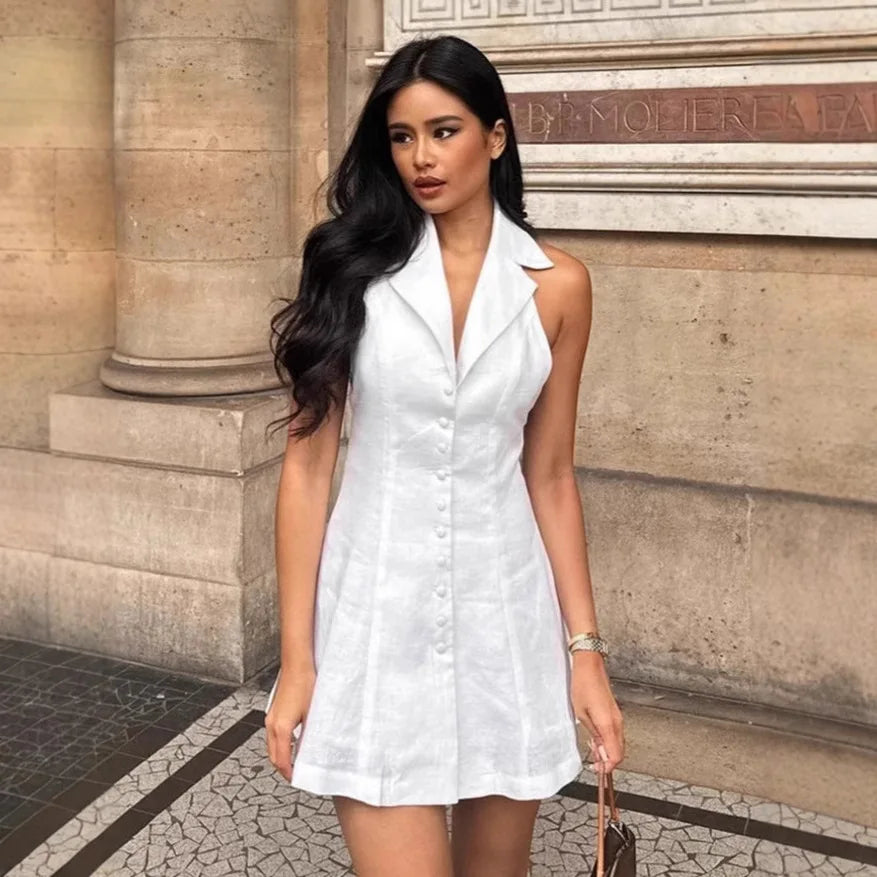 2026 Summer New White Halter Neck V Neck Sleeveless Backless Waist Cinching A Line Short Dress Multi Color Optional