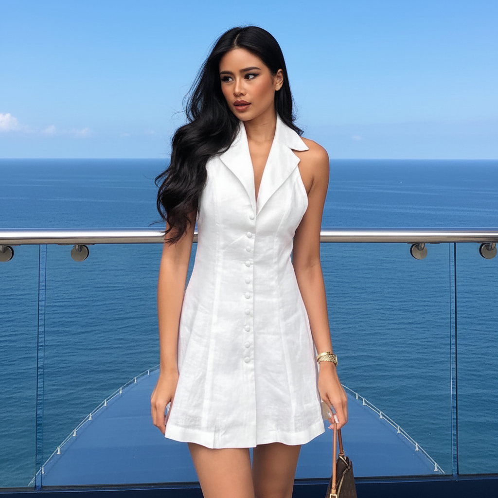 Linen V Neck Backless Slim Waist A Line Mini Dress