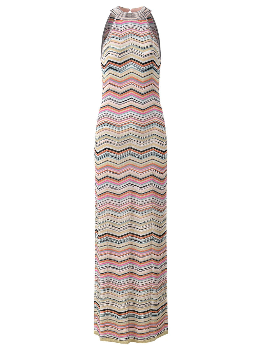 VGH Chic Multicolor Chevron Striped Knit Maxi Dress for Women Halter Sleeveless High Neck Keyhole Back Button Closure Bodycon