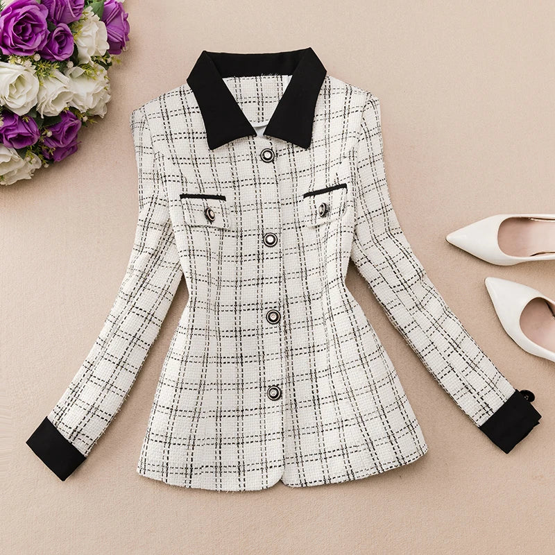 Autumn Plaid Splicing Slimming Flip Collar