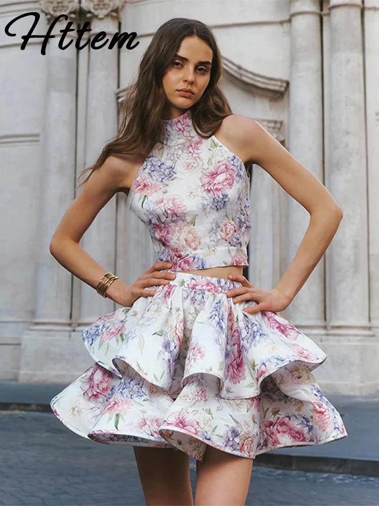 1 Sexy Print TOP & Ruffle Mini Skirt Set