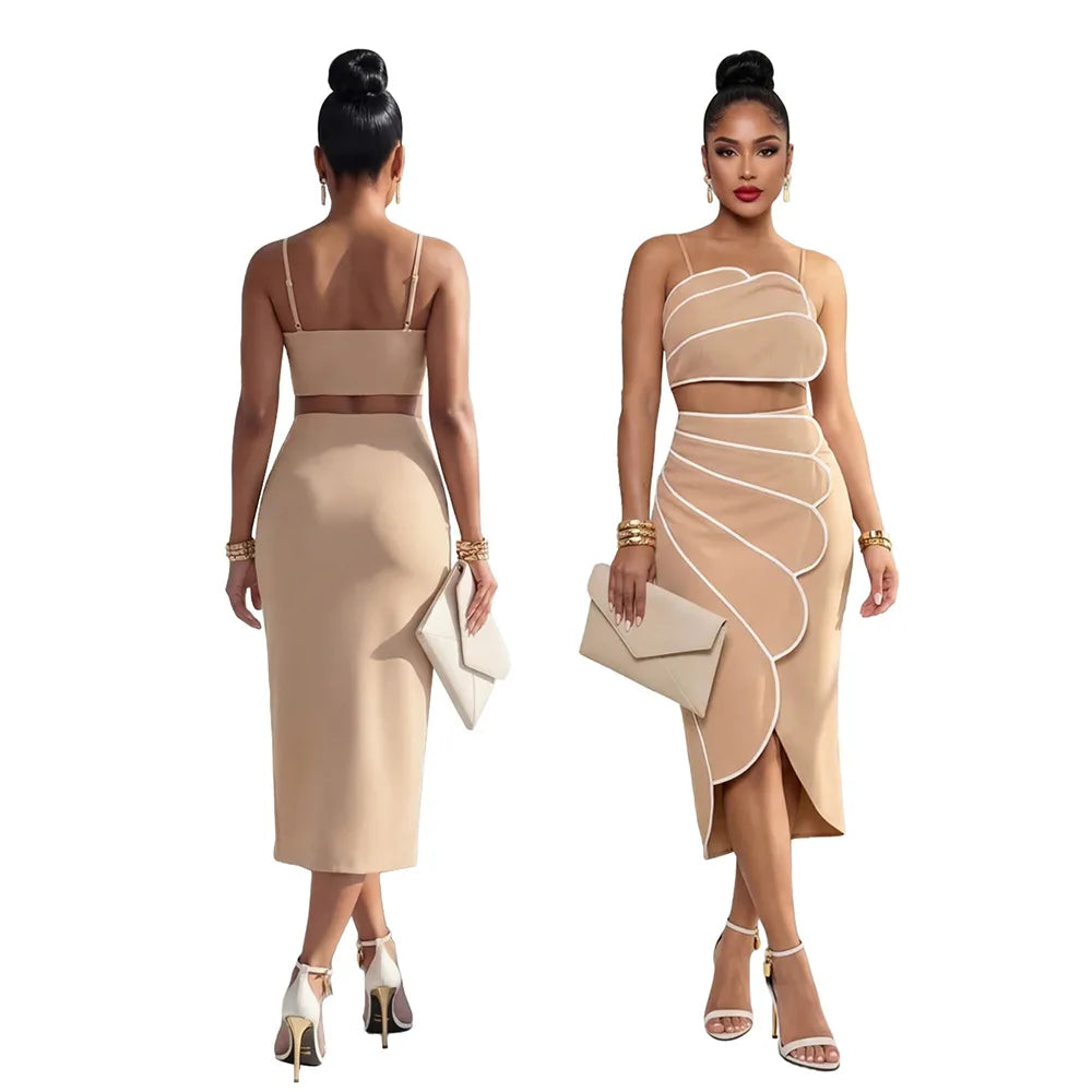 2 Piece Sets Tops And Skirt Elegant Women Sleeveless Sexy Midi Dress Fashion Evening Ladies Street Party Vestidos Summer