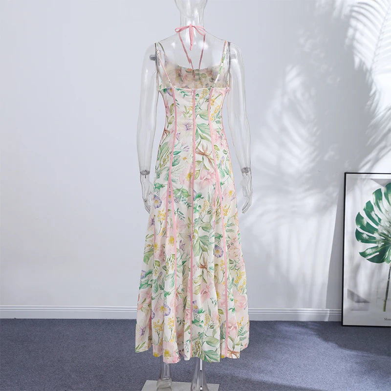 Women's Floral Print Linen Blend Maxi Dress Sweetheart Neckline Sleeveless Panelled Form With Contrast Floral Print