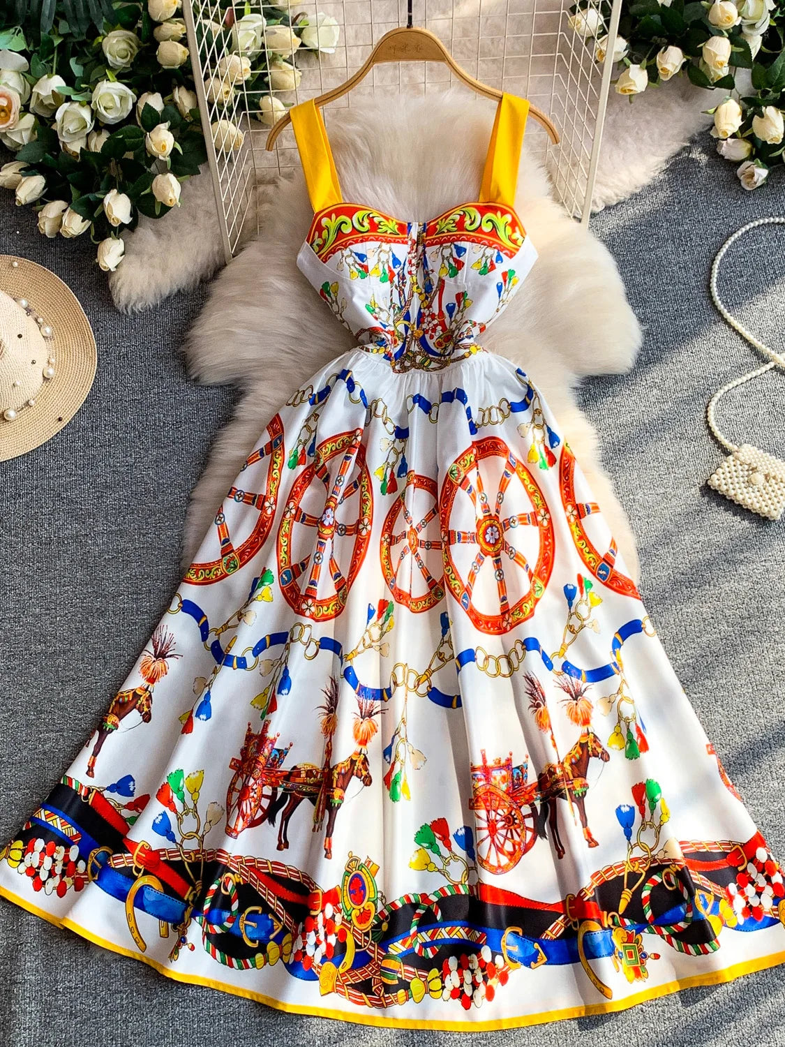 Retro Print Strapless Tube Dress Women's Summer Slimming A-Line Long Dress Court Style with Chest Pad Comfortable Breathable