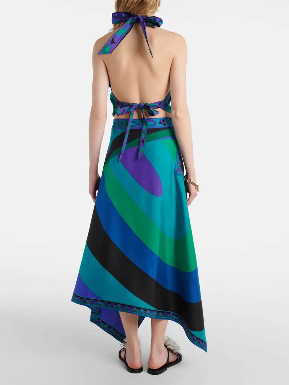 Irregular Satin Print Suit Women Halter Neck Lace Up Tank Top Midi Skirt 2 Pieces Set 2026 New Lady Summer Casual Vacation Wear