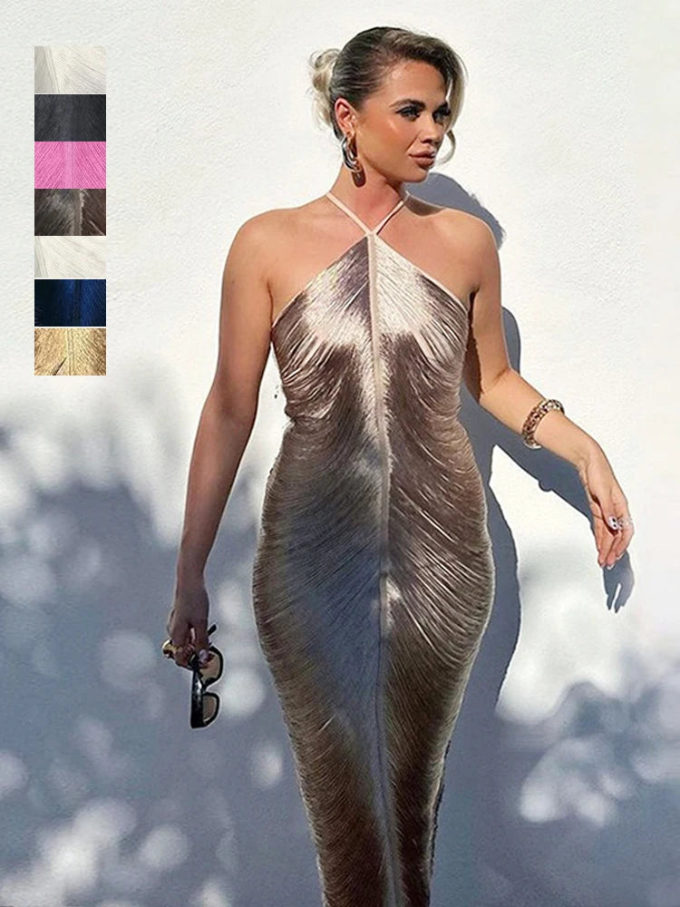 Halter Backless Solid Vintage Bodycon Long Dress