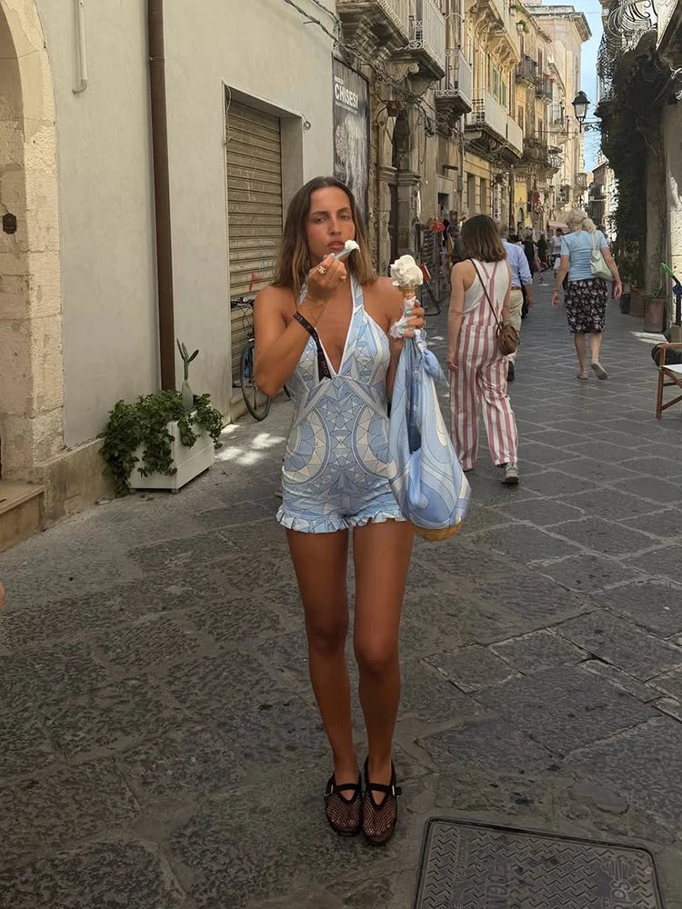 Print Women Dress Backless Mini Dress Halter High Waist Dresses Flared Skirt Hem Waist Shaping Slimming Casual Trendy Street Sty