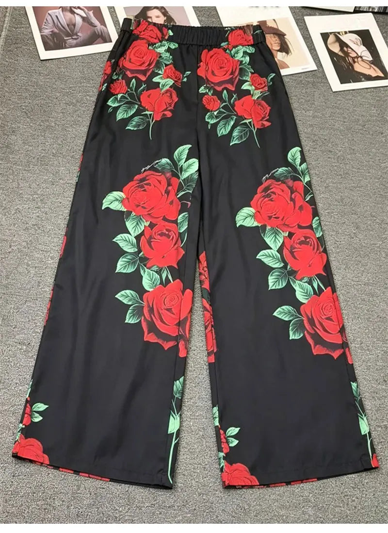 Autumn Fashion Printed Satin Two-Piece Pants Long-Sleeved Lace-Up Shirt Jacket Elastic Waist Wide-Leg Pants Home Wear Women's Su - Shellss