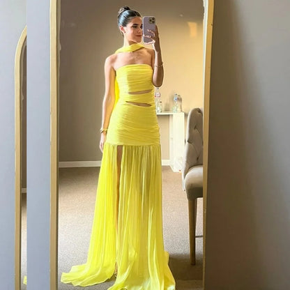 Yellow Chiffon Pleat A-line