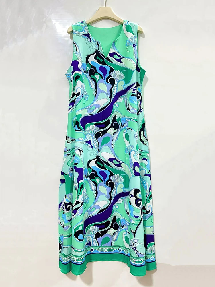 2026 Summer Women's Clothing Retro Geometric Print V-neck Pullover Sleeveless Dress Fashion Loose Large Size A-Line Tank Top - Shellss