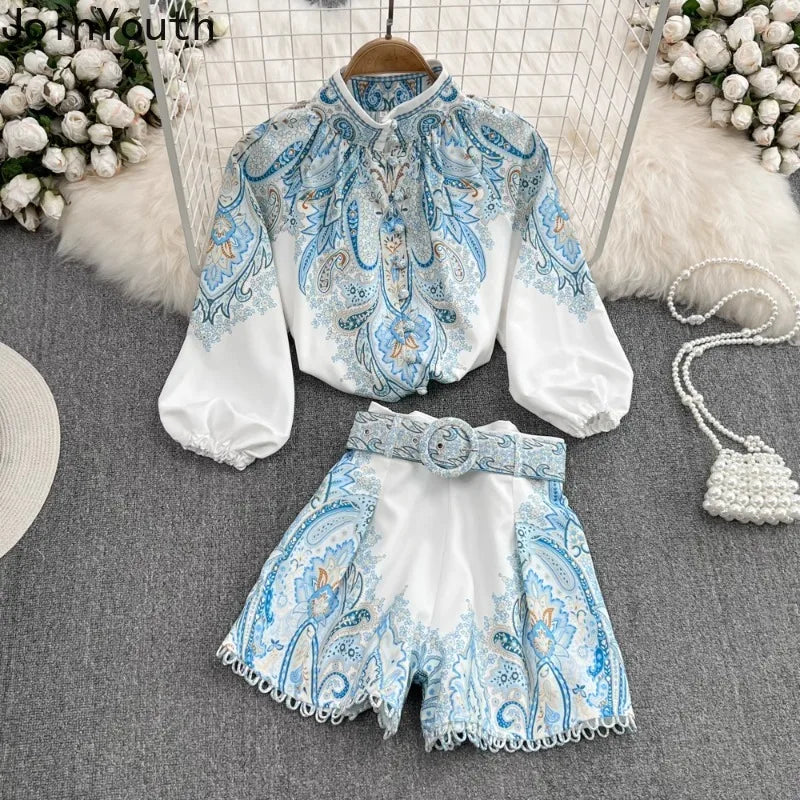 Stand Collar Wide Leg shorts Vintage Floral Summer Outfits