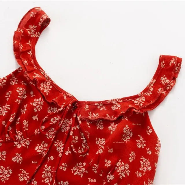 French Vintage Red Floral Print Dress