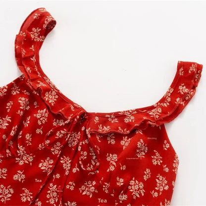 French Vintage Red Floral Print Dress