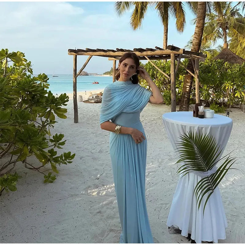 Irregular Shawl Blue Maxi Dress Women's Fashion Turtleneck Slim Fit Pleated Vestidos 2025 New Lady Evening Party Robes Summer - Shellss