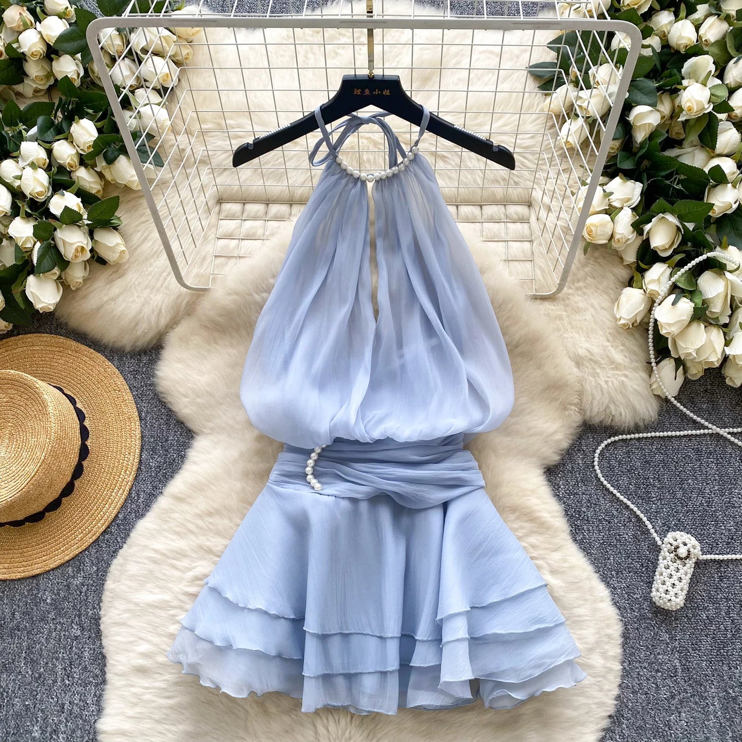 Chiffon Pearl Halter Mini Dress