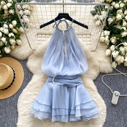 Chiffon Pearl Halter Mini Dress