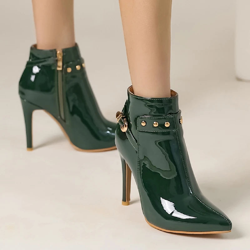 Fashion Women's Ankle Boots Patent Black Green Short Boot Point Waterproof High Heels Party Dance Shoes Female Large Size 45 50