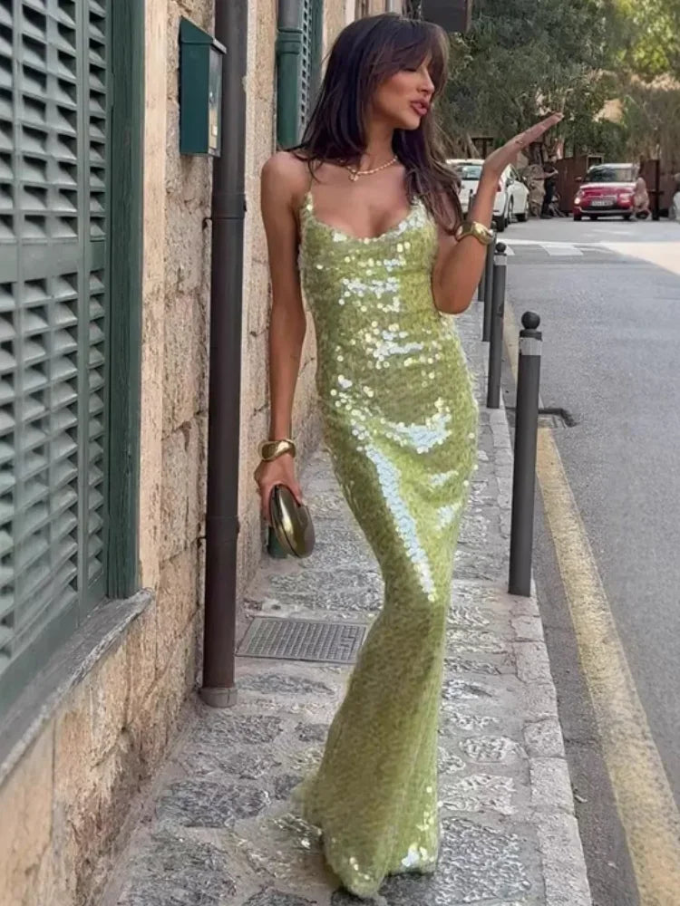 Sequin Deep V-neck Long Dress Women Chic Sleeveless Spaghetti Strap Backless Mermaid Robes Lady Sexy Evening New Party Dresses