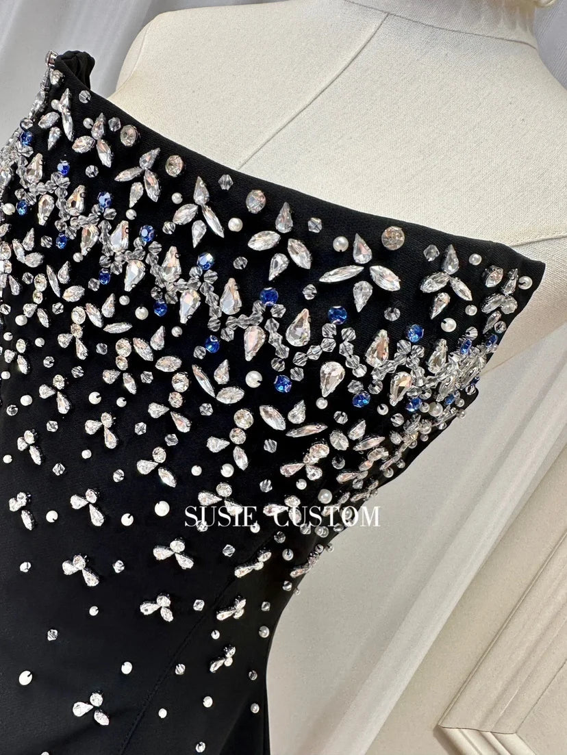 Fishbone Design Diamond Decorated A-Line Gown Heavy Embellishment Strapless Ball Gown Skirt Flounce Summer Dress