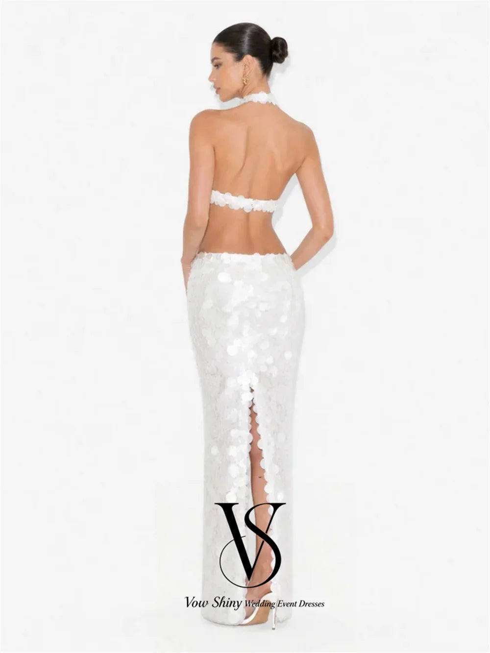 Vow Shiny Glamorous Ivory Sequin Halter Evening Gown Dress Mermaid Sleeveless Cutout Backless Wedding Party Dress Customized