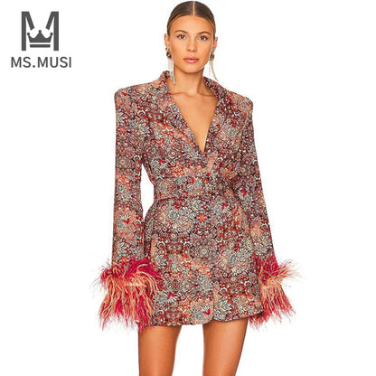 Women Sexy V Neck Floral Print Feather Long Sleeve Bodycon Party Club Event Blazer