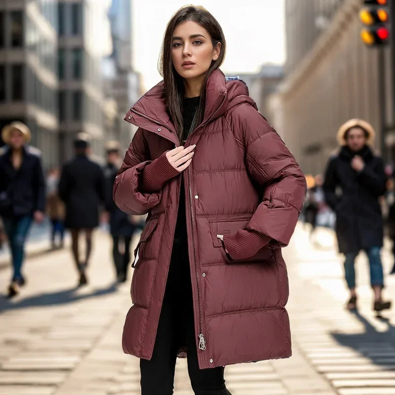 Stand Collar Hooded Parkas Pockets Coats Women Knee Length Thick Warm Jacket