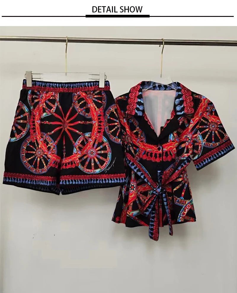 Elegant Retro Wheel Print Two-Piece Suit for Women Short Sleeve Lapel Lace-Up Shirt with Elastic Waist Shorts Summer Fashion - Shellss