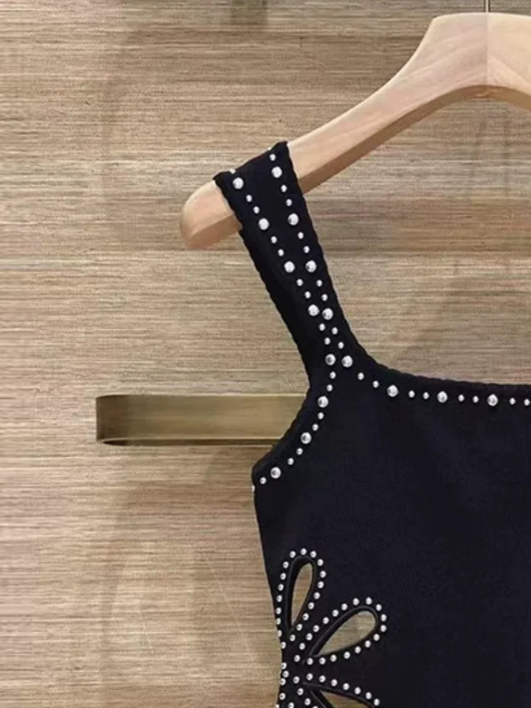Flower Hollow Out Women's Rivet Knit Stretch Bodysuits Slim Square Collar Sleeveless Knitwear Romper for Ladies
