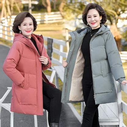 Winter Cotton padded Jacket Hooded solid color fleece thick Parkas Warm Loose Long Overcoat middle aged and Grandma Snow Coat